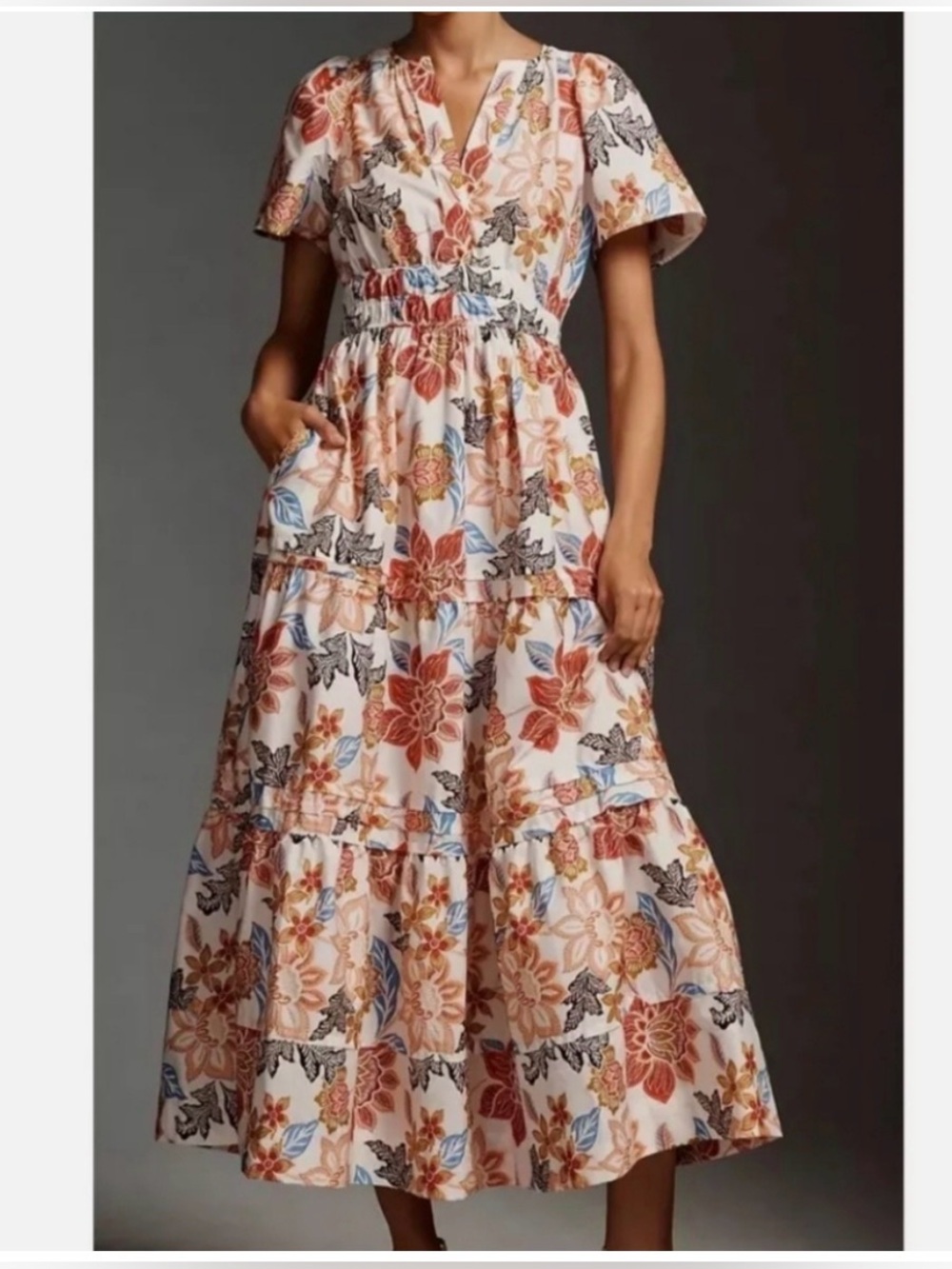 Anthropologie The Somerset Botanical Short Sleeve Tiered Ruffle Maxi Dress Sz S